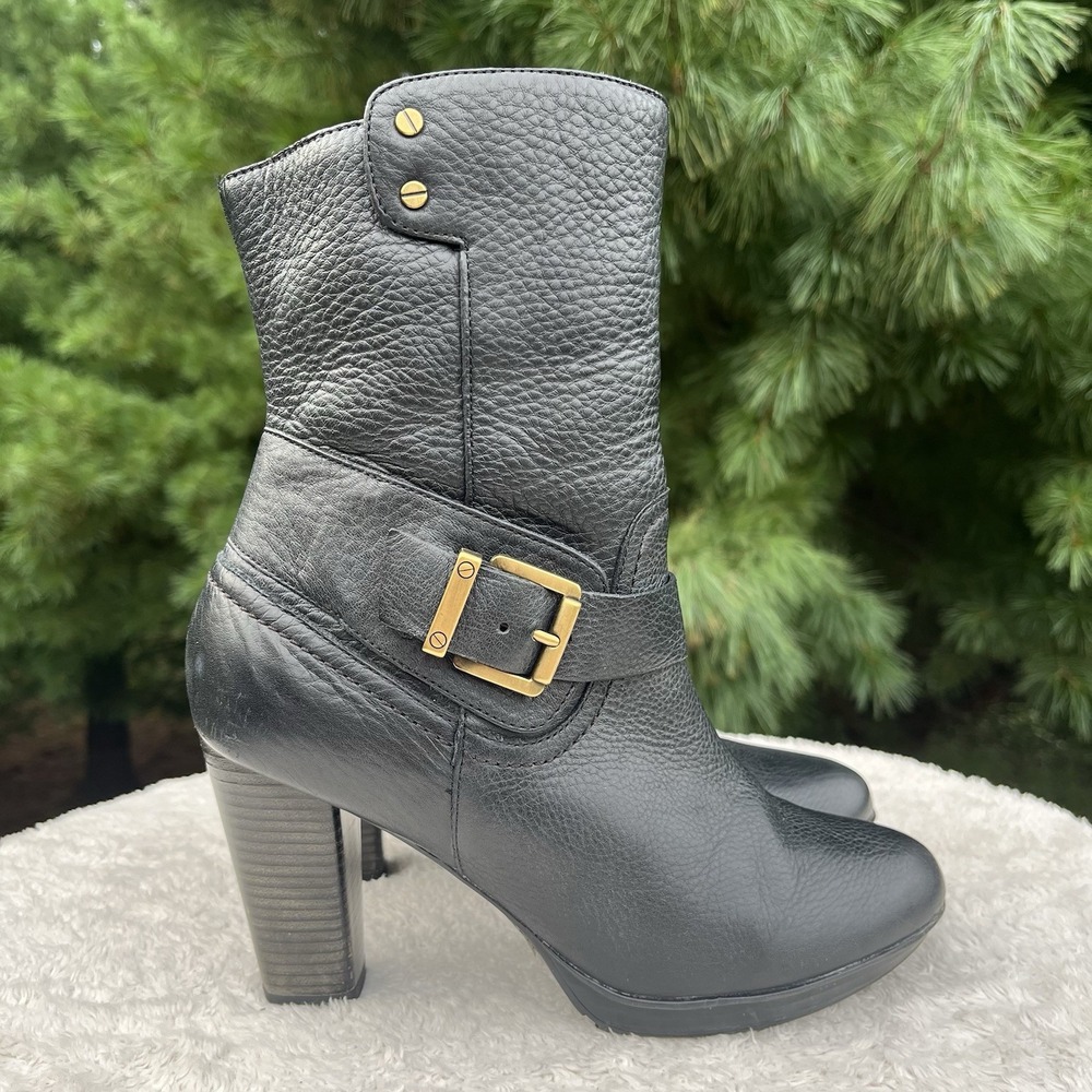 Clarks Indigo Black Leather Moto Boots Womens 8.5 Block Heel Platform Buckle